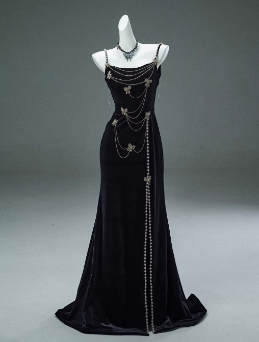 Black Mermaid Spaghetti Straps Velvet Beaded Long Prom Dresses , Elegant Evening Dress ED01482