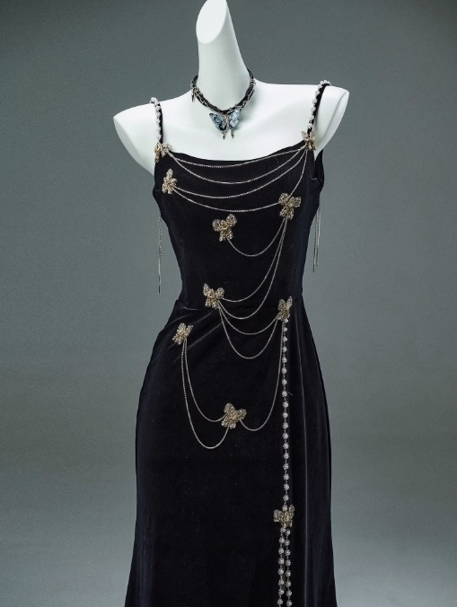 Black Mermaid Spaghetti Straps Velvet Beaded Long Prom Dresses , Elegant Evening Dress ED01482