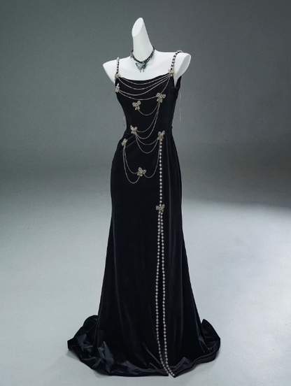 Black Mermaid Spaghetti Straps Velvet Beaded Long Prom Dresses , Elegant Evening Dress ED01482