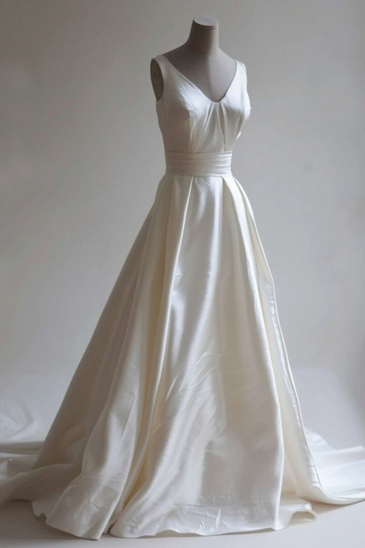 Vestido de fiesta largo de satén blanco con escote en V y cola, vestido de novia sencillo ED01486