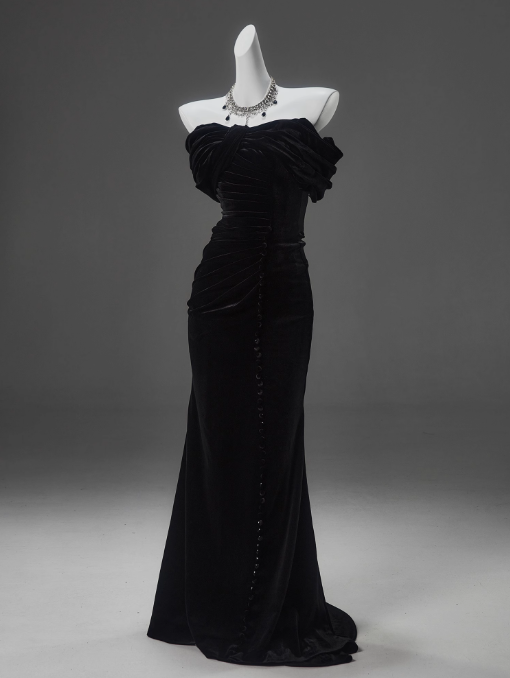 Vestido de fiesta largo de terciopelo con hombros descubiertos y corte sirena negro, elegante vestido de quinceañera ED01490