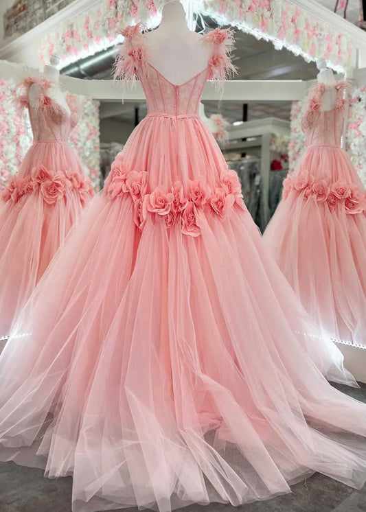 Vestido de fiesta largo de tul con encaje y hombros descubiertos, corte A, color rosa, para quinceañeras ED01500