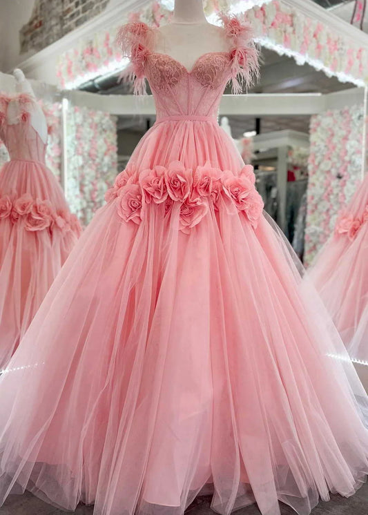 Vestido de fiesta largo de tul con encaje y hombros descubiertos, corte A, color rosa, para quinceañeras ED01500