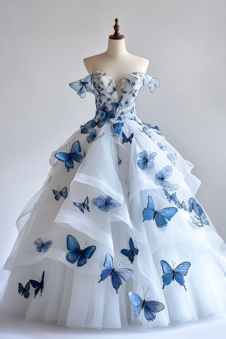White A-Line Fairytale Tulle  Long Prom Dress with 3D Butterfly🦋Off-the-shoulder Evening Gown for Birthday&Quinceanera ED01502