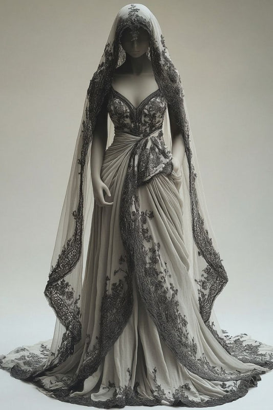 Vestido de novia vintage de corte A, escote en V, apliques de encaje y velo ED01503