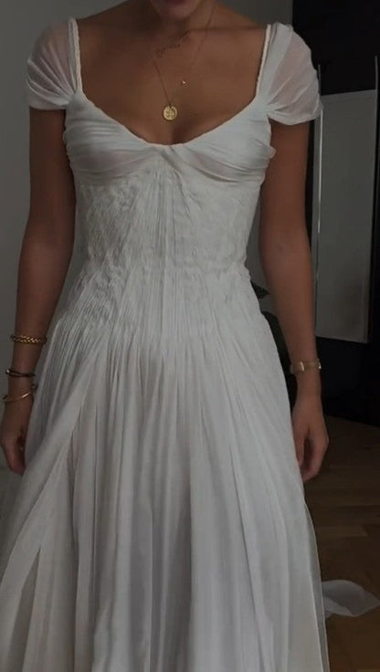 Elegante vestido de fiesta largo de corte A blanco, vestido de novia de gasa encantadora ED01511