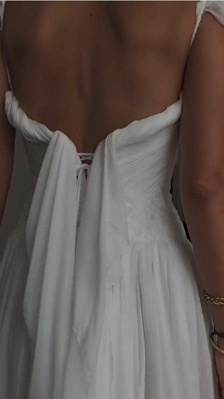 Elegante vestido de fiesta largo de corte A blanco, vestido de novia de gasa encantadora ED01511