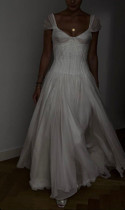 Elegante vestido de fiesta largo de corte A blanco, vestido de novia de gasa encantadora ED01511