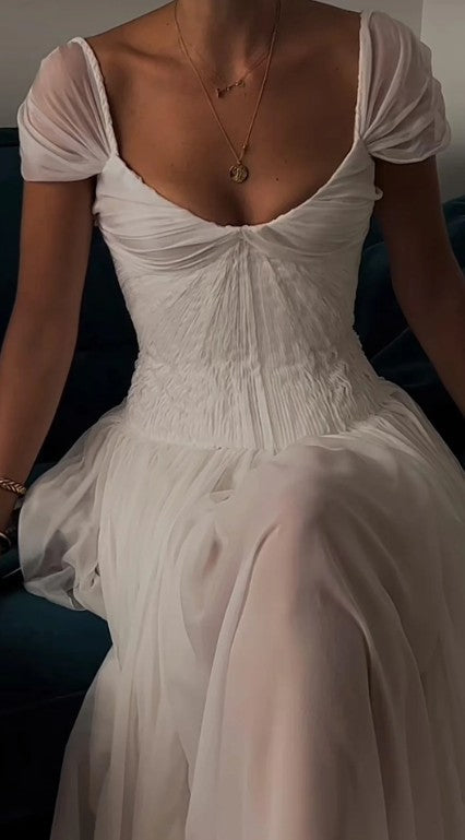 Elegante vestido de fiesta largo de corte A blanco, vestido de novia de gasa encantadora ED01511