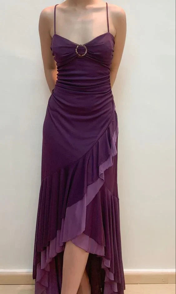 Vestido de fiesta de corte A con escote corazón, corte asimétrico, tirantes finos morados, ED01512