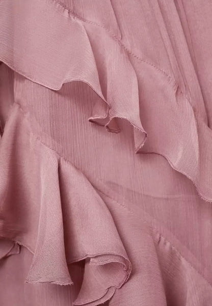 Hermoso vestido de fiesta largo de gasa rosa con escote en V, plisado, sin mangas y con cremallera en la espalda ED01514