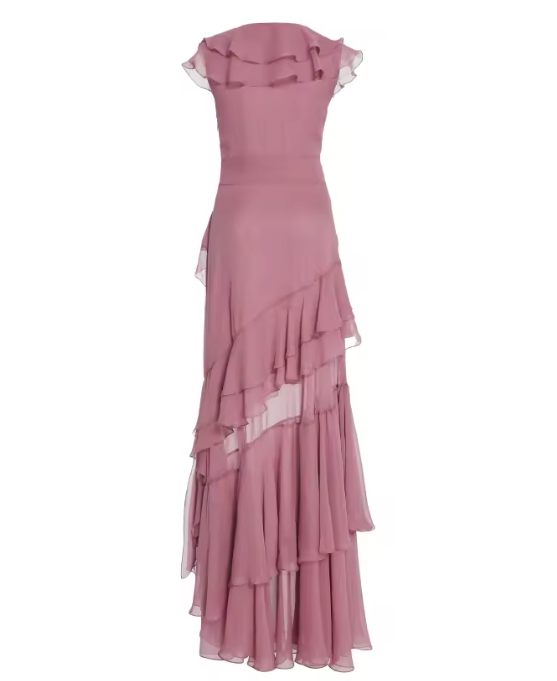 Hermoso vestido de fiesta largo de gasa rosa con escote en V, plisado, sin mangas y con cremallera en la espalda ED01514