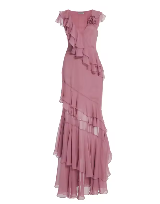 Hermoso vestido de fiesta largo de gasa rosa con escote en V, plisado, sin mangas y con cremallera en la espalda ED01514