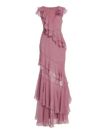 Hermoso vestido de fiesta largo de gasa rosa con escote en V, plisado, sin mangas y con cremallera en la espalda ED01514