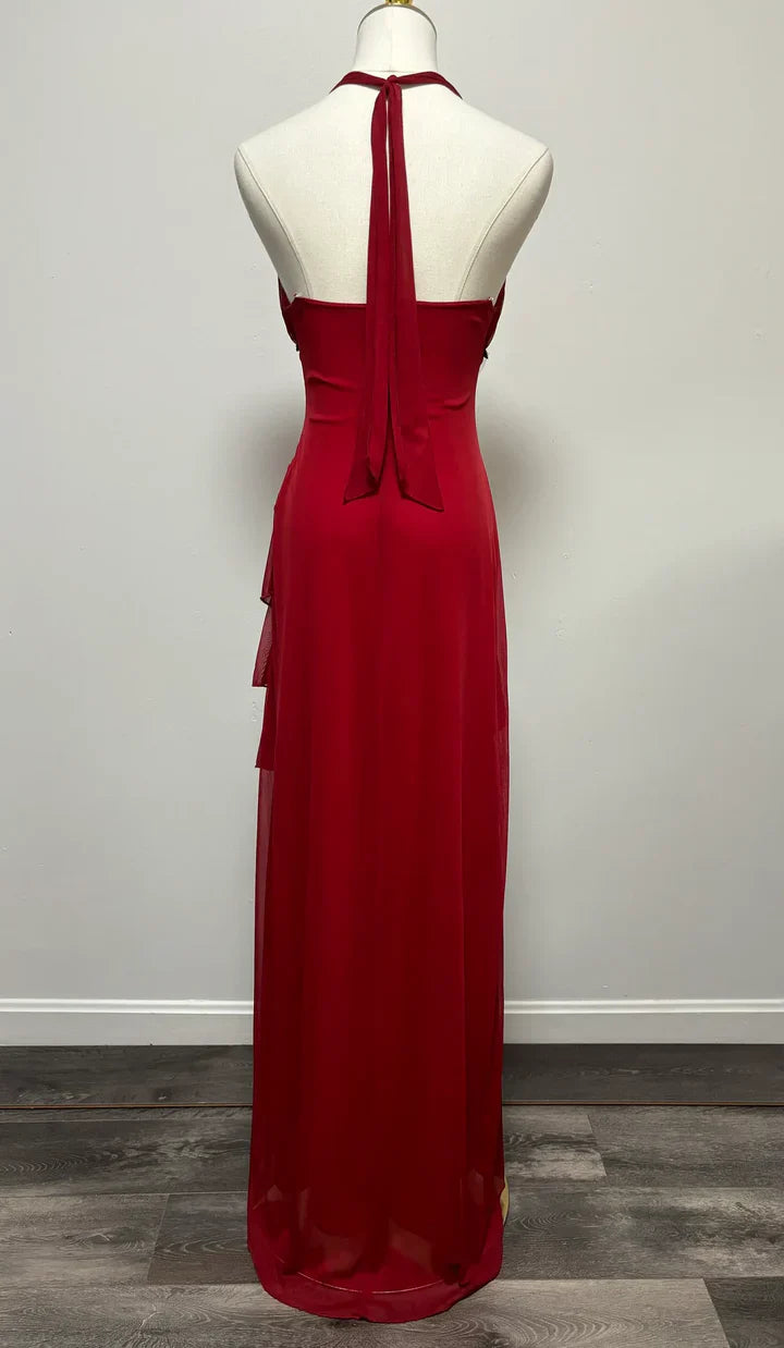 Vestido de fiesta burdeos de gasa con escote halter, espalda descubierta y corte en A, para dama de honor, largo hasta los tobillos, ED01515