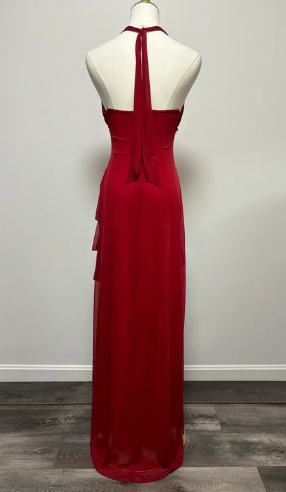 Vestido de fiesta burdeos de gasa con escote halter, espalda descubierta y corte en A, para dama de honor, largo hasta los tobillos, ED01515