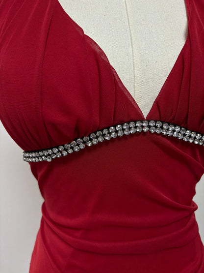 Vestido de fiesta burdeos de gasa con escote halter, espalda descubierta y corte en A, para dama de honor, largo hasta los tobillos, ED01515