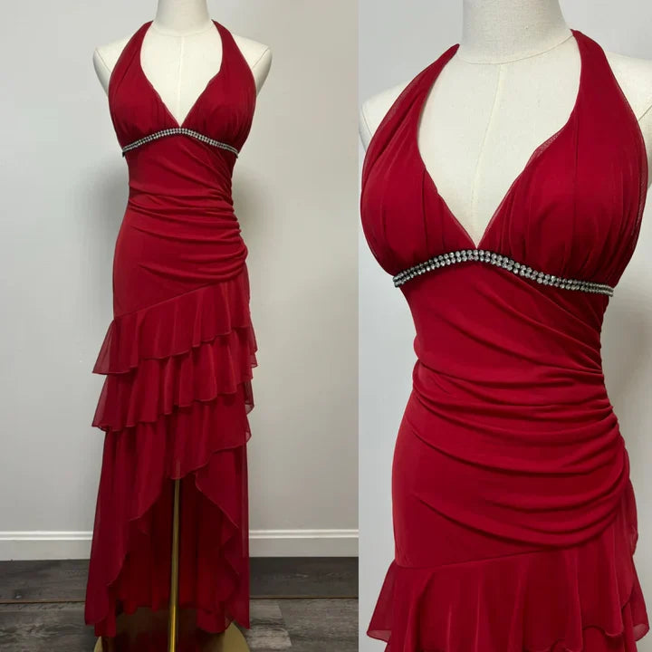 Vestido de fiesta burdeos de gasa con escote halter, espalda descubierta y corte en A, para dama de honor, largo hasta los tobillos, ED01515