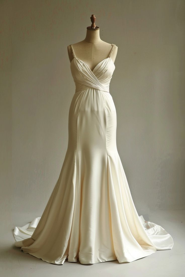 Elegante vestido de novia largo de satén con escote en V y tirantes finos, corte sirena color champán, ED01516