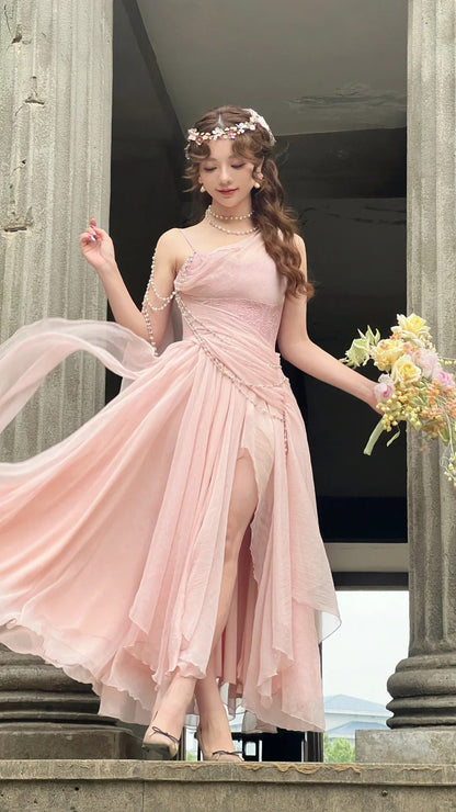Vestidos de fiesta asequibles por menos de $180 ||Precioso vestido de fiesta de gasa rosa con tirantes finos y perlas de princesa ED01517
