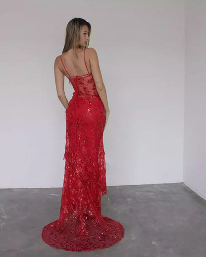 Vestido de fiesta largo de tul con tirantes finos y encaje de sirena roja, vestido sexy de cumpleaños ED01519