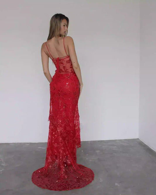 Vestido de fiesta largo de tul con tirantes finos y encaje de sirena roja, vestido sexy de cumpleaños ED01519