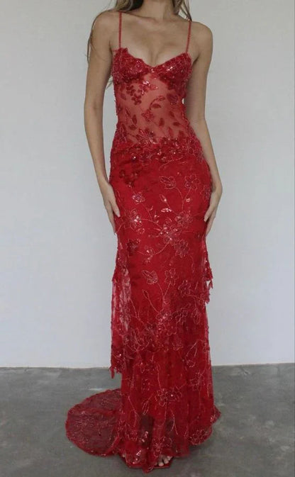 Vestido de fiesta largo de tul con tirantes finos y encaje de sirena roja, vestido sexy de cumpleaños ED01519