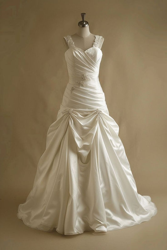 Vestido de fiesta largo sencillo de satén con encaje y escote corazón, blanco, con cuentas, ED01534