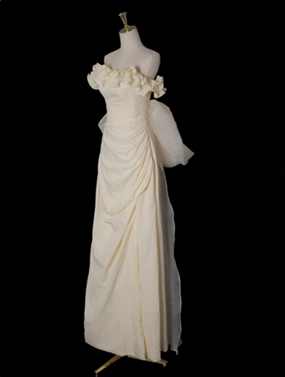 Vestido de fiesta largo de tul con hombros descubiertos, corte A, satén, amarillo claro, para graduación, boda, ED01536