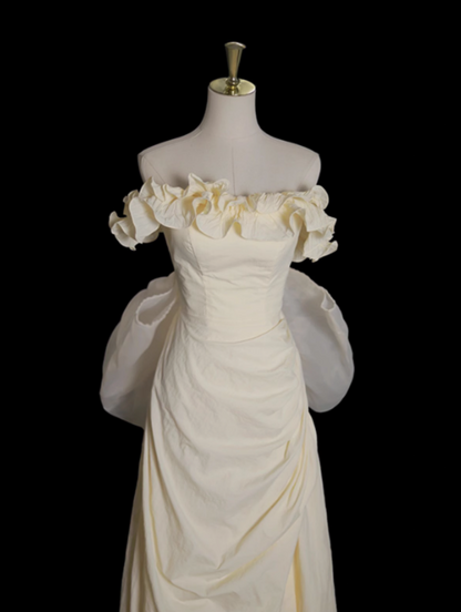 Vestido de fiesta largo de tul con hombros descubiertos, corte A, satén, amarillo claro, para graduación, boda, ED01536