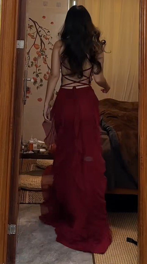 Vestido de fiesta largo de gasa con tirantes finos, corte A, vestido formal de noche ED01543