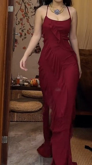 Vestido de fiesta largo de gasa con tirantes finos, corte A, vestido formal de noche ED01543