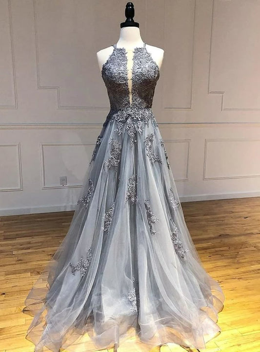 Vestido de fiesta largo gris de corte A con cuello halter, apliques de tul y espalda descubierta, vestido de noche formal ED01551