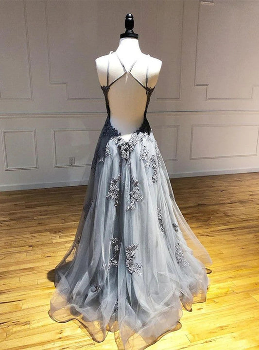 Vestido de fiesta largo gris de corte A con cuello halter, apliques de tul y espalda descubierta, vestido de noche formal ED01551