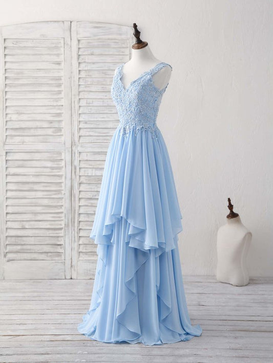 Vestido de fiesta largo de gasa con escote en V y apliques en azul cielo, con encaje y tirantes finos, para dama de honor ED01553