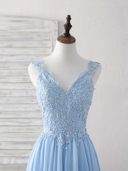 Vestido de fiesta largo de gasa con escote en V y apliques en azul cielo, con encaje y tirantes finos, para dama de honor ED01553