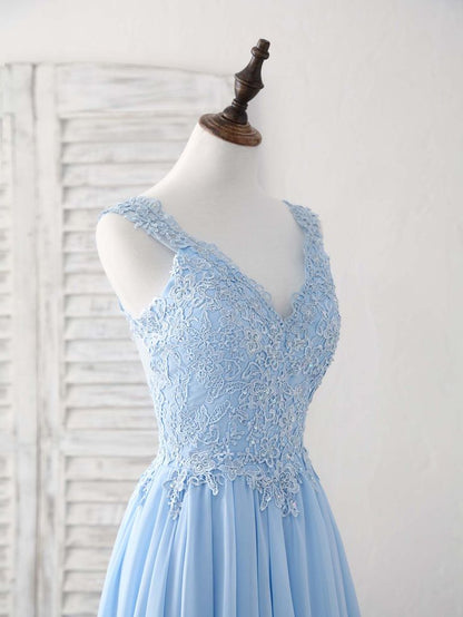 Vestido de fiesta largo de gasa con escote en V y apliques en azul cielo, con encaje y tirantes finos, para dama de honor ED01553