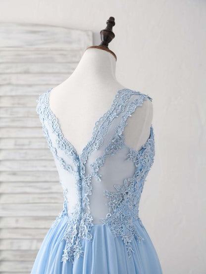 Vestido de fiesta largo de gasa con escote en V y apliques en azul cielo, con encaje y tirantes finos, para dama de honor ED01553