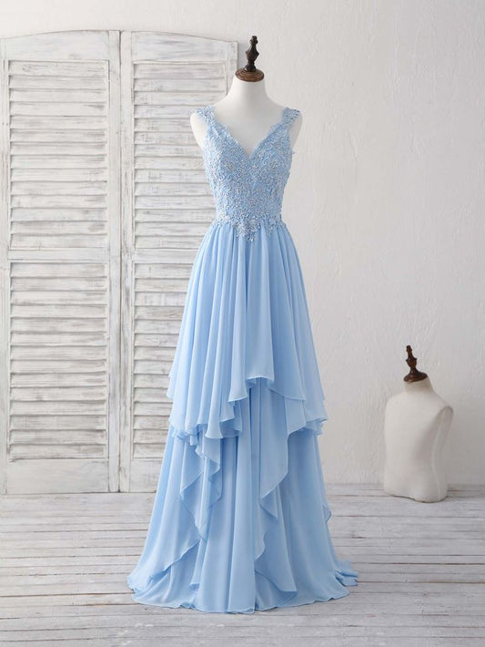 Vestido de fiesta largo de gasa con escote en V y apliques en azul cielo, con encaje y tirantes finos, para dama de honor ED01553