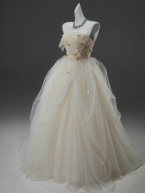 Vestido de fiesta largo de tul con tirantes finos, corte en A, color blanco roto, vestido de novia sencillo con apliques ED01556