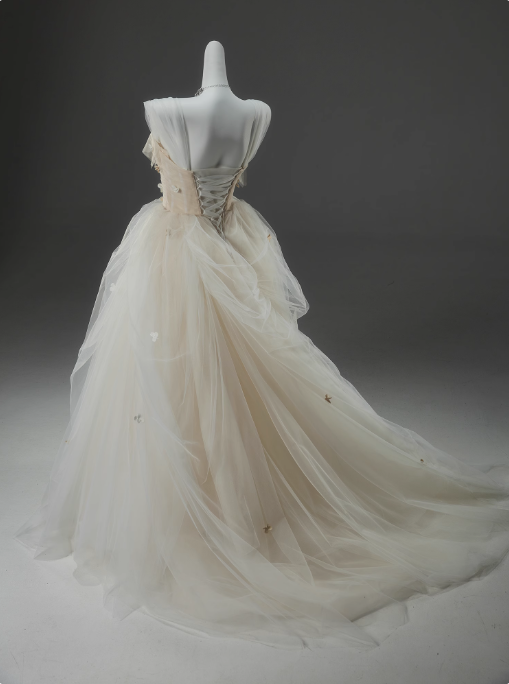 Vestido de fiesta largo de tul con tirantes finos, corte en A, color blanco roto, vestido de novia sencillo con apliques ED01556