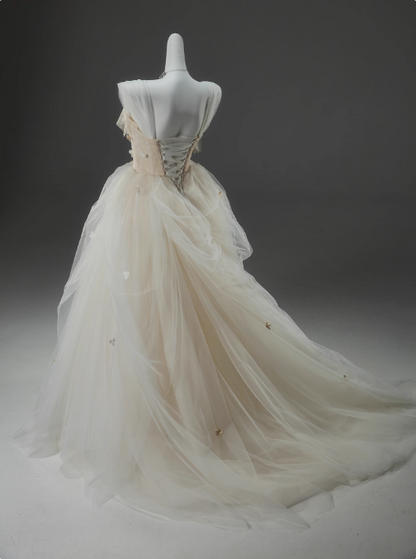 Vestido de fiesta largo de tul con tirantes finos, corte en A, color blanco roto, vestido de novia sencillo con apliques ED01556