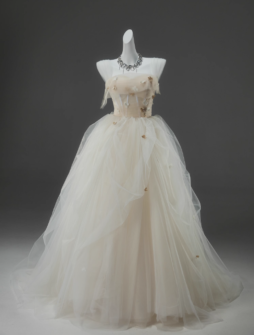 Vestido de fiesta largo de tul con tirantes finos, corte en A, color blanco roto, vestido de novia sencillo con apliques ED01556