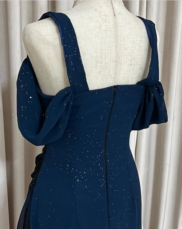 Elegant Gradient Blue V-neck Glitter Chiffon Prom Dresses Party Dresses ED01564