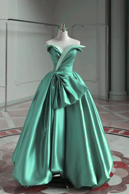 Vestido de novia largo de satén con hombros descubiertos y corte A ED01565