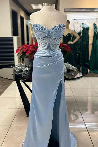 Vestido formal largo de satén con tirantes finos y corte sirena elegante con cuentas ED01569