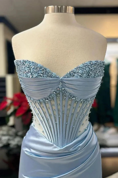 Vestido formal largo de satén con tirantes finos y corte sirena elegante con cuentas ED01569