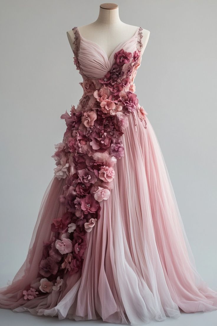 Vestido de novia largo de tul con escote corazón, corte A, color rosa dulce, con apliques 3D, ED01570