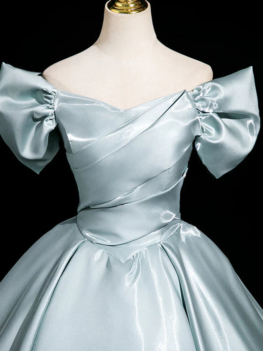 Vestido de fiesta largo azul de satén con escote en V y corte en A, vestido formal largo azul ED01572