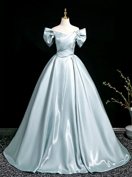 Vestido de fiesta largo azul de satén con escote en V y corte en A, vestido formal largo azul ED01572